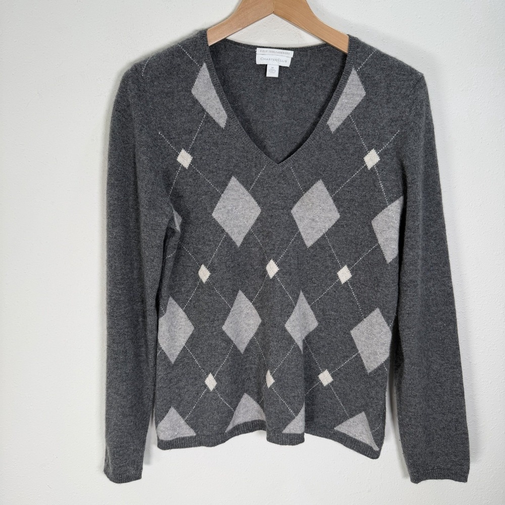Charter Club Sweater 100% Cashmere Argyle Gray Women's Size M Classic V-neck